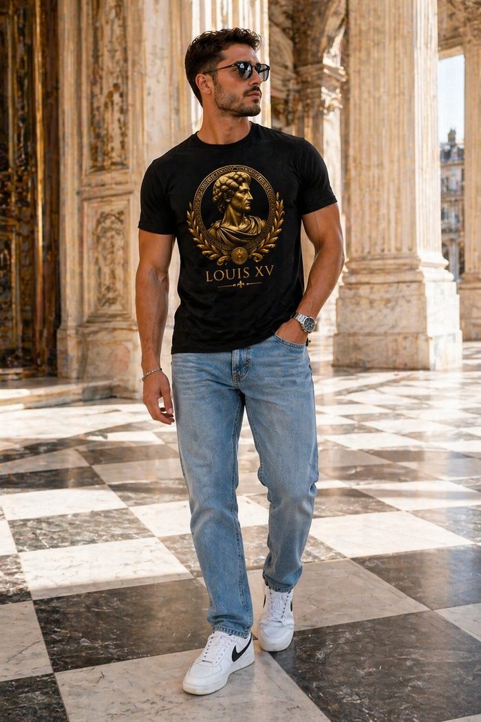 Modelo vestindo camiseta LOUIS XV Portrait du Roi