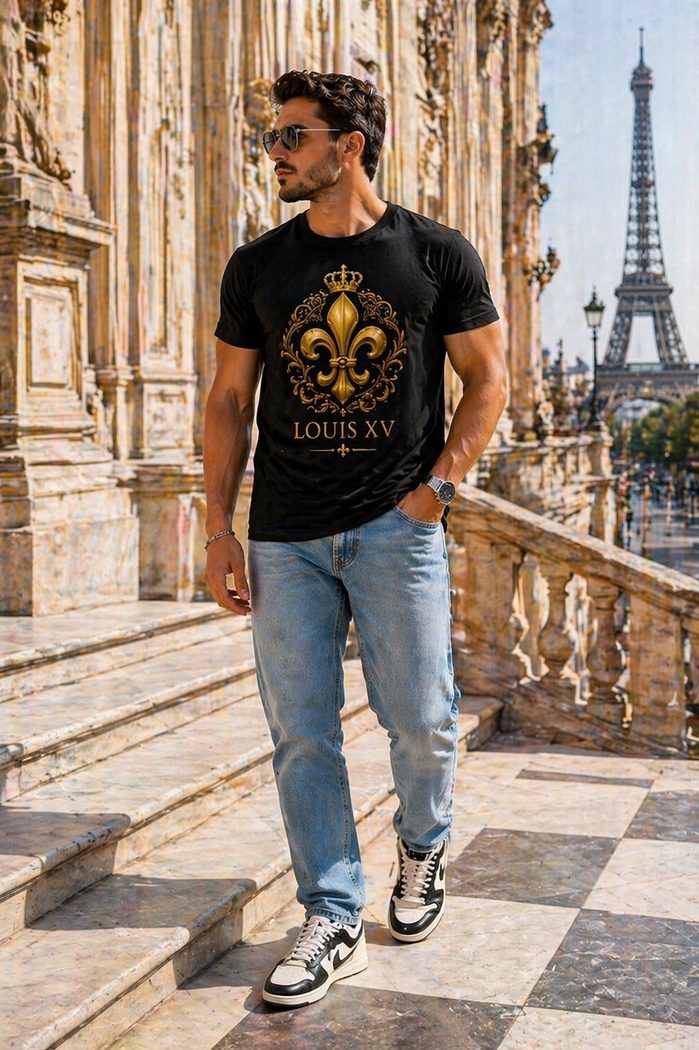 Modelo vestindo camiseta LOUIS XV Fleur-de-Lys
